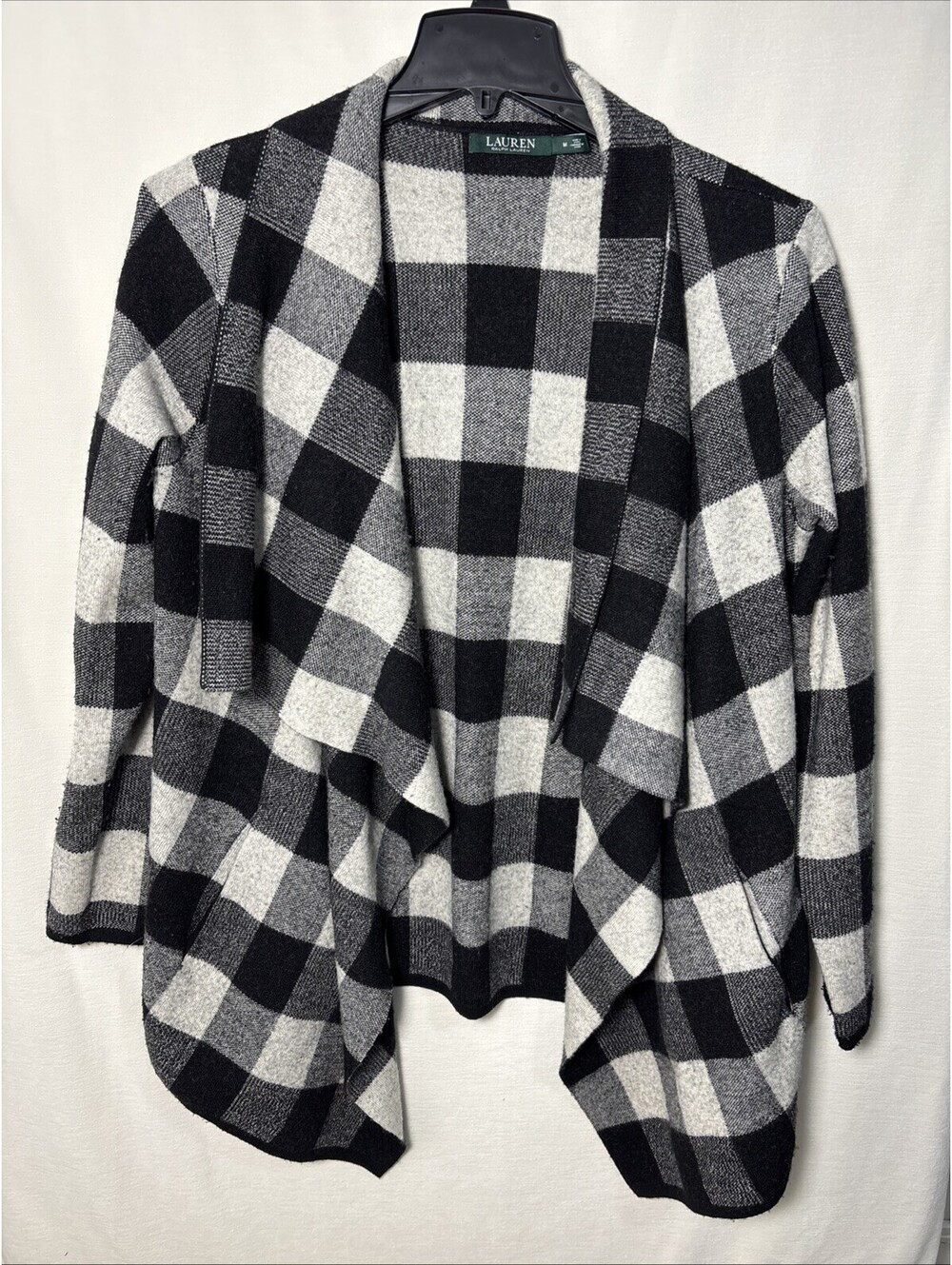 Lauren Ralph Lauren Open Front Waterfall Wool Buffalo Plaid Sweater Size M